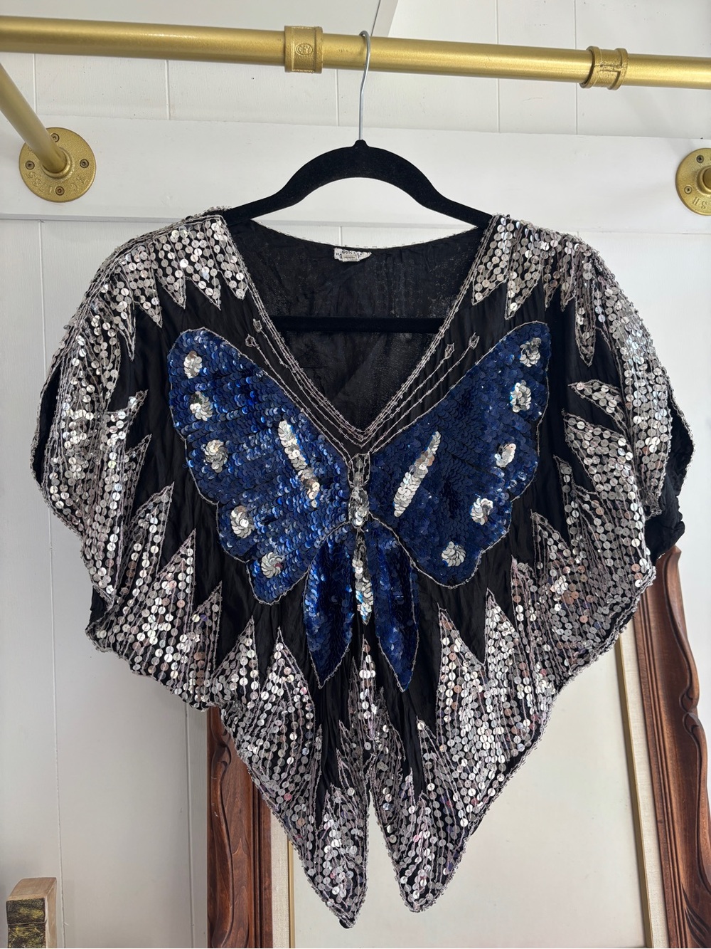 Vintage 80s Silk Sequined Butterfly Top Beaded Batwing Silver Butterfly Festival